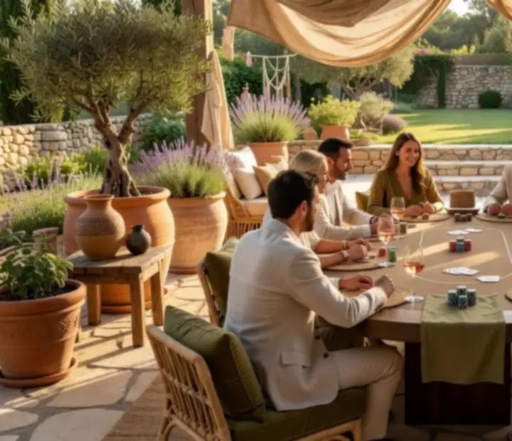 Open-air corporate poker table with professional croupiers