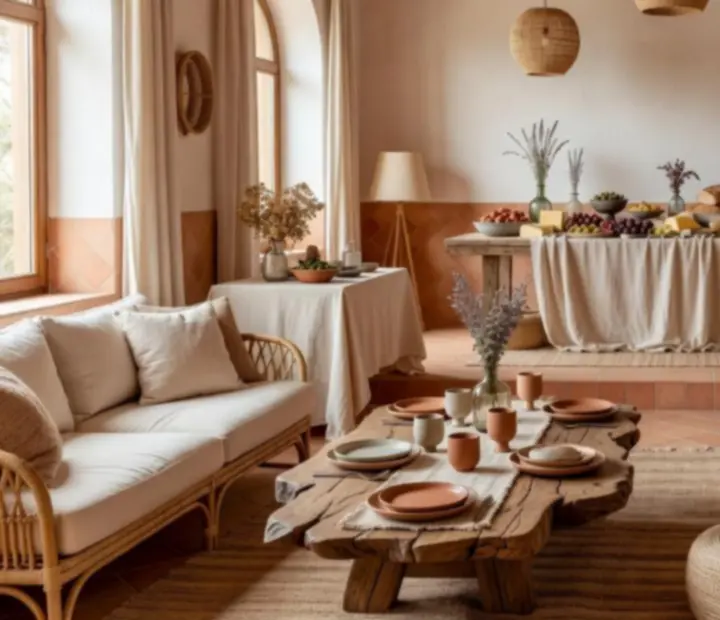 Boho-mediterranean aranżacja eventu z eleganckimi stołami i łukami dekoracyjnymi.