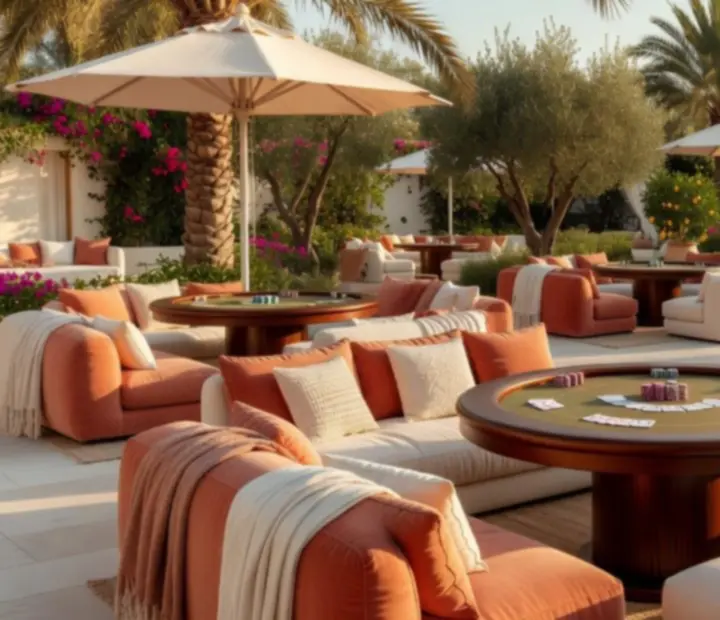 Mobilny poker lounge w stylu Mediterranean boho, otwarty stół pokerowy na eleganckim evencie.