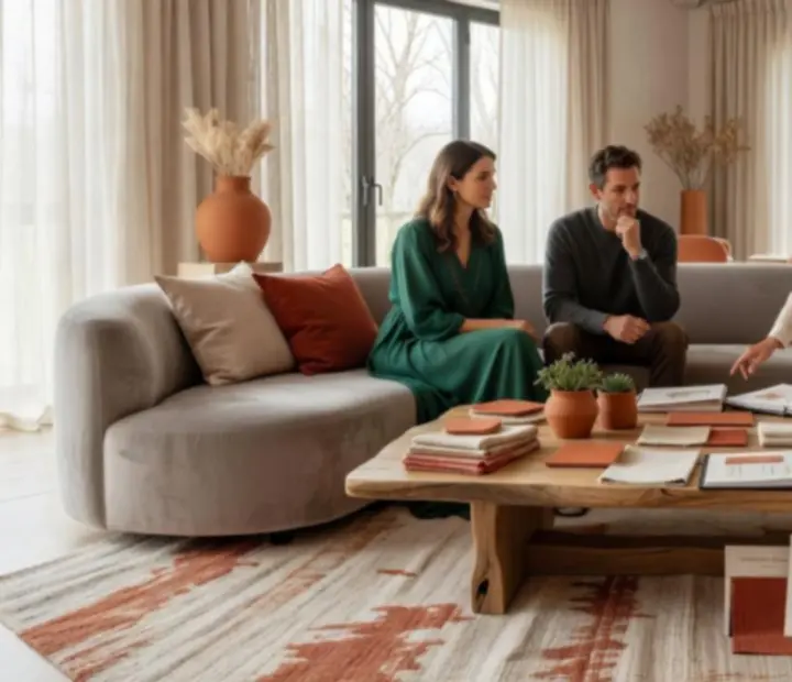 Customizable lounge decor with terracotta and olive accents
