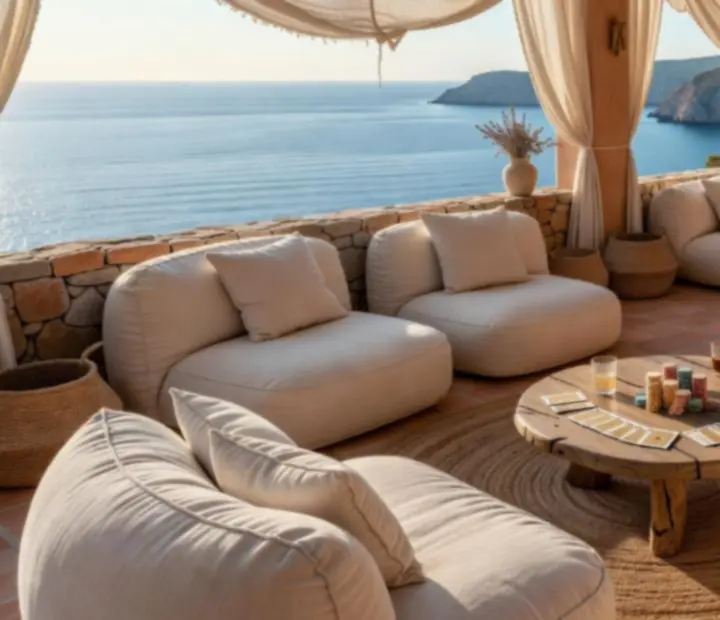 Mediterranean Boho Chic lounge overview with poker lounge styling