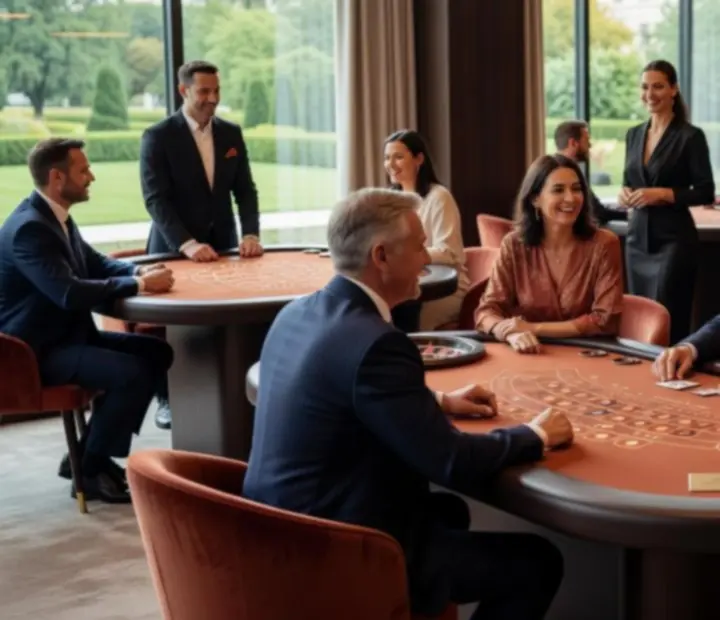 Upscale mobile casino setup in warm terracotta tones