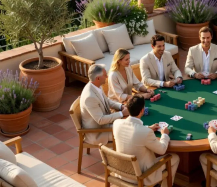 Open-air poker setup in a sunlit garden terrace